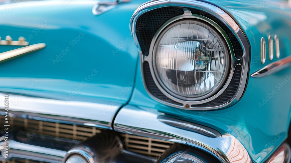 Poster Headlight of a retro car close-up. Fragment of a vintage car. Front detail of a classic automobile