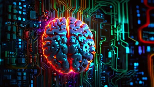 The video depicts a glowing blue and pink brain imposed on a green circuit board.