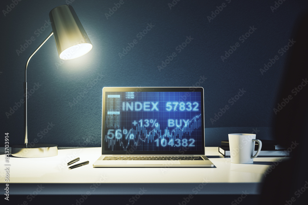 Poster Modern computer display with abstract financial graph, financial and trading concept. 3D Rendering