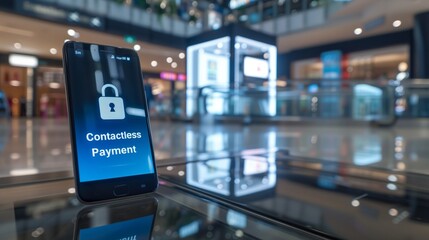 Obraz premium Contactless payment concept showing a mobile phone with a lock symbol, emphasizing security and convenience in digital transactions.
