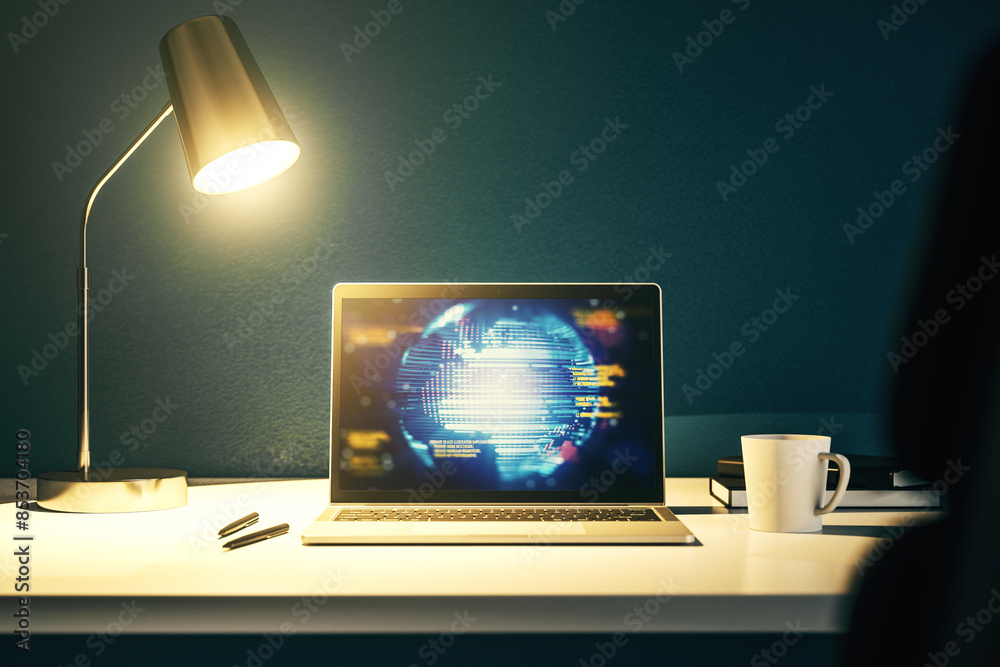 Leinwandbilder modern computer screen with abstract graphic coding sketch and world map, big data and networking co