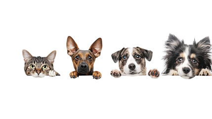 Dogs and Cats Peeking Over Banner on transparent background