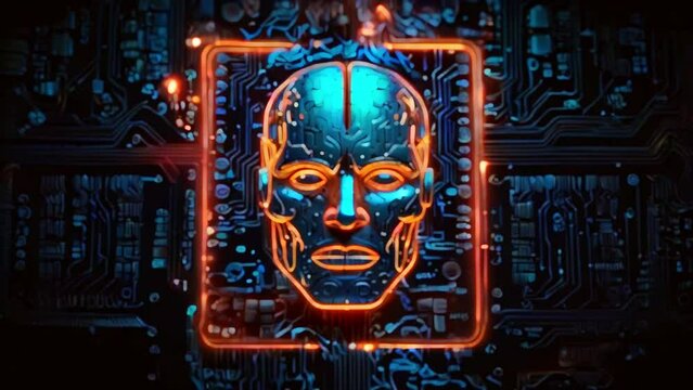 Video of a blue and orange circuit board with a face in the center. The face is made of blue and orange lines and has a serious expression on its face.