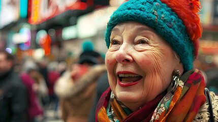 Fototapeta premium mujer mayor sonriente en calle comercial