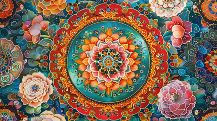 Fototapeta premium An elaborate mandala adorned with bright colors and fine details, radiating a calming and peaceful energy.