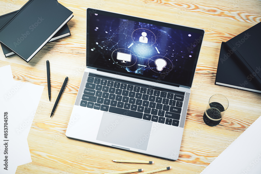 Poster social network concept on modern laptop screen. 3d rendering