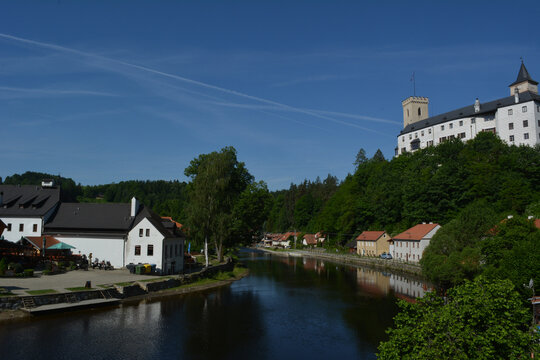 Small ancient town Rozemberk in the Czech Republic in the course of the river Mala Vltava 