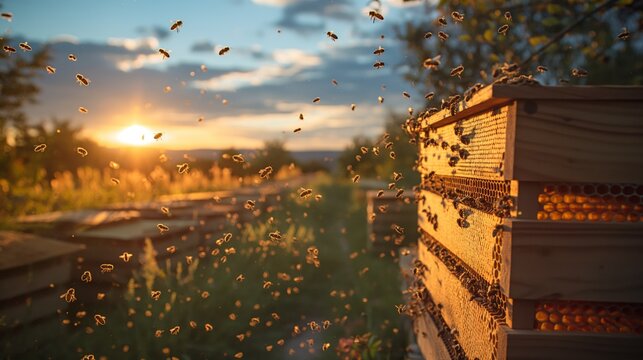 Bees swarm vibrantly around their hive at dusk, creating a dynamic dance in the evening glow