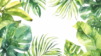 frame, watercolor illustration of tropical leaves and fruits on a white background
