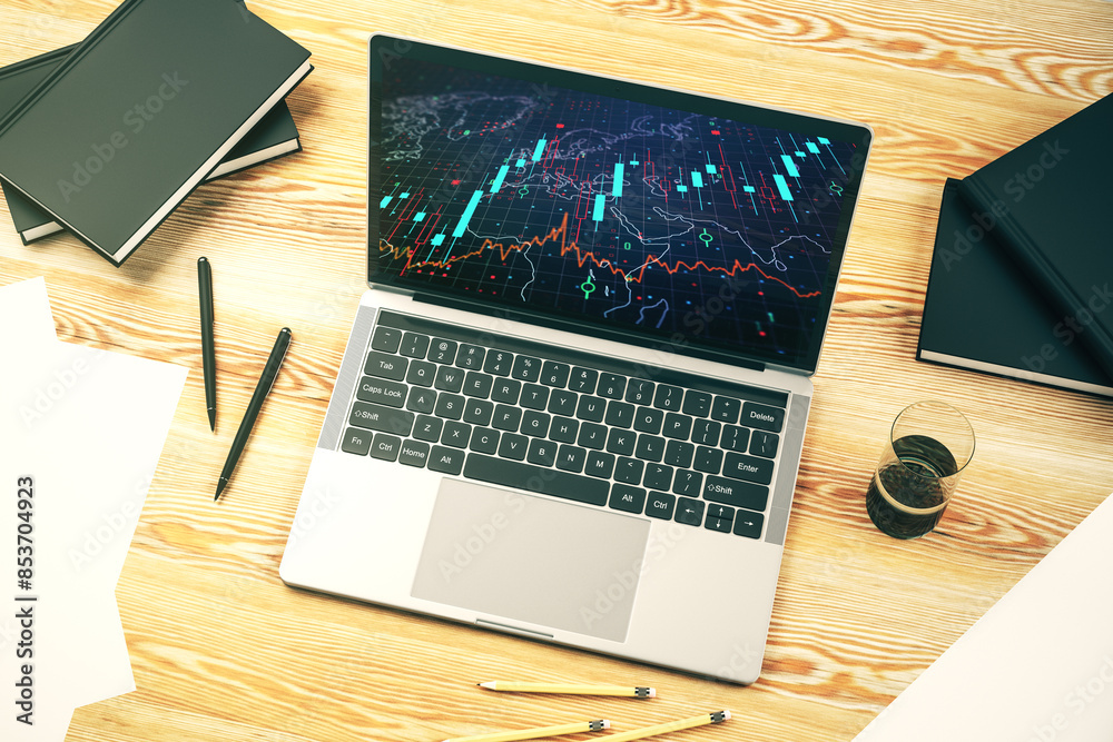 Poster Modern computer screen with abstract creative financial chart with world map, research and analytics concept. 3D Rendering