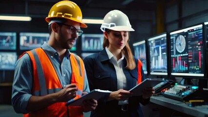 A man and a woman are standing in front of a control panel. The man is wearing a yellow hard hat and a safety vest. The woman is wearing a white hard hat and a suit. 