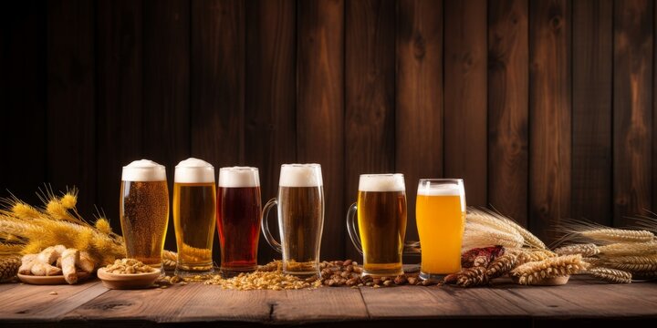 Set of drinking glasses filled with various types of beer and placed and rural wooden background with copy space