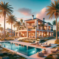 Fototapeta premium beautiful Spanish villa with pool and palm trees in the background, blue sky, sunny day, luxury house