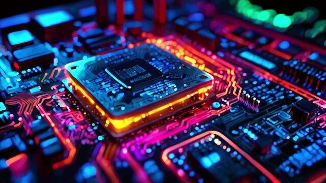 This video shows a close-up of a computer processor with blue, purple, and pink lights.