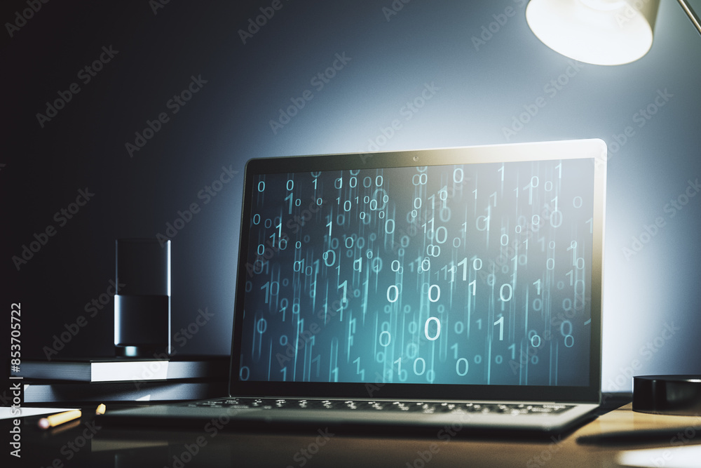 Aufkleber Creative concept of binary code illustration on modern laptop screen. Big data and coding concept. 3D Rendering