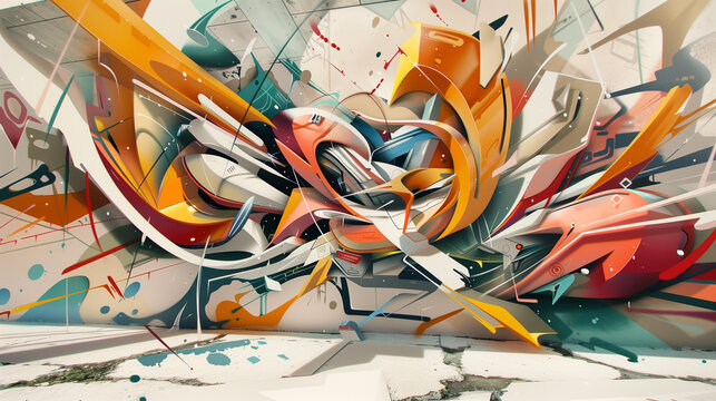 A stunning 3D graffiti artwork on a city wall, where bold shapes and colors appear to burst into the street, blending art with reality.