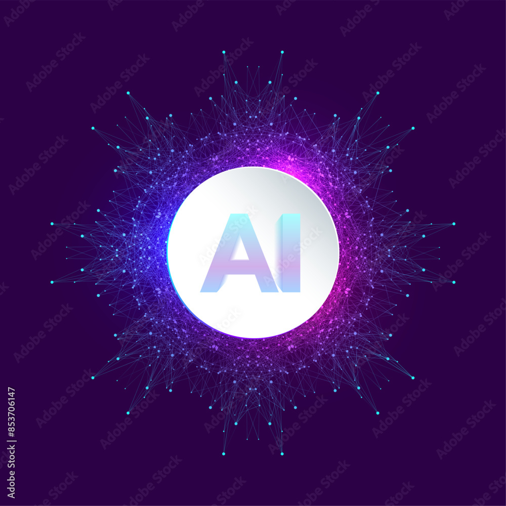 Poster AI Banner Concept In The Digital Style. Generative Ideas Design Element For Internet Technology. Futuristic Technology Concept Artificial Intelligence.