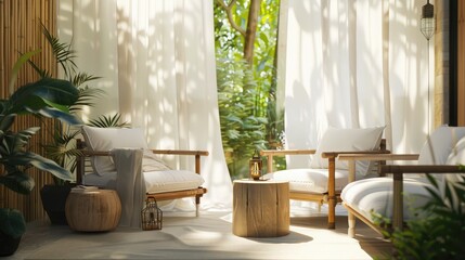 Fototapeta premium home terrace with bamboo furniture, white linen curtains, natural light pouring in from large windows. The scene includes plants and wooden lanterns adding to the peaceful atmosphere.