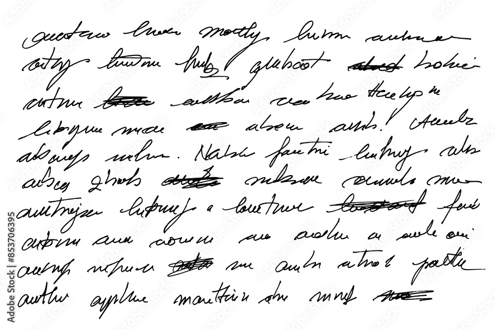 Fototapete Abstract hand written text in ink for letters. Unreadable text with crossed out words. Illegible text page with mistakes.