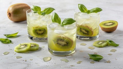 Fototapeta premium Green kiwi juice in glasses with ice cubes surrounded by kiwi halves and fresh basil leaves on the table. The background is light gray to create contrast between the colors.