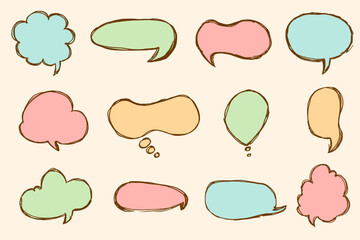 Chat bubbles in hand drawn doodle style. Cute frames for selecting text. Retro comic speech bubble