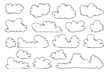 Collection of abstract flat cartoon and fluffy cloud icons. Set of hand drawn cartoon clouds in flat style.