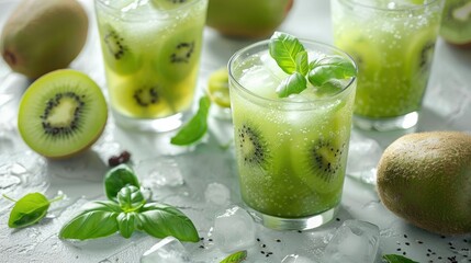 Fototapeta premium Green kiwi juice in glasses with ice cubes surrounded by kiwi halves and fresh basil leaves on the table. The background is light gray to create contrast between the colors.