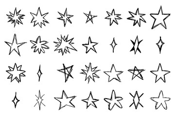 Hand drawn cute collection of stars. Sketch doodle star shapes. Flat retro stars in black over white background