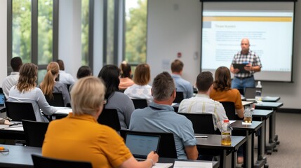 Diverse group of job seekers and employees participating in a professional training session in a modern, well-lit conference room