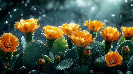 A bunch of yellow flowers are in a field with a blue sky in the background. The flowers are drooping and have dew on them