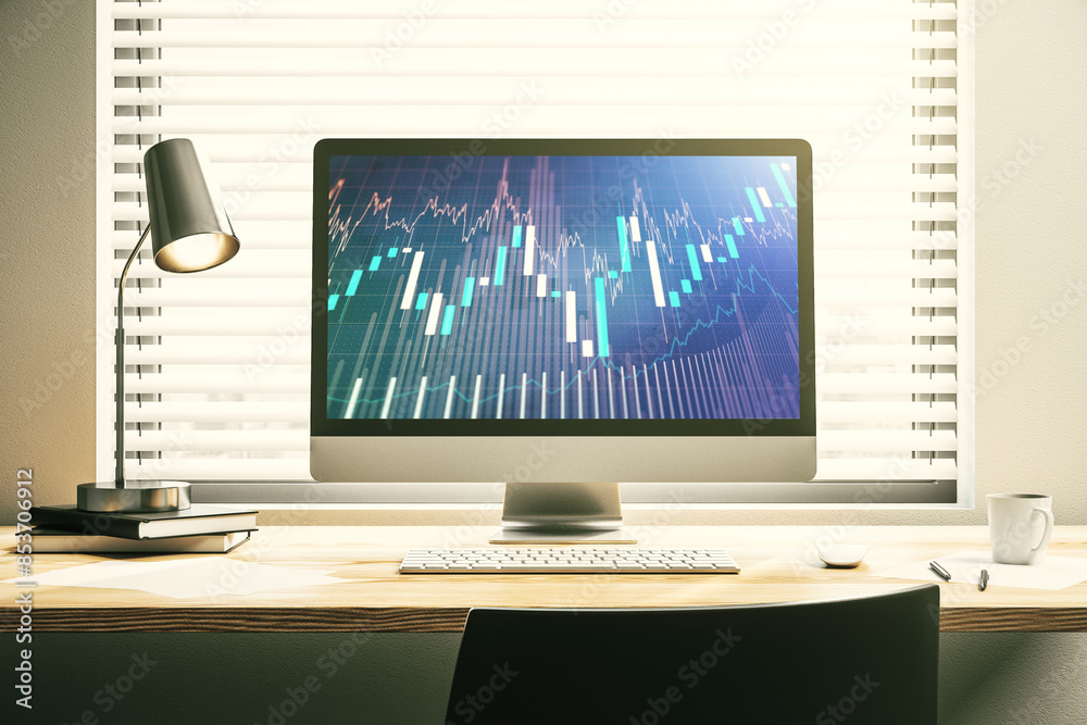 Aufkleber Modern computer screen with abstract creative financial chart, research and analytics concept. 3D Rendering