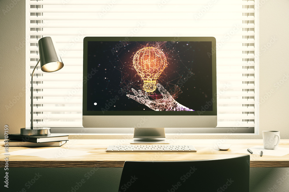 Poster creative light bulb illustration on modern computer monitor, future technology concept. 3d rendering