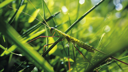 Camouflaged stick insect blending perfectly with the grass, showcasing nature's adaptability

