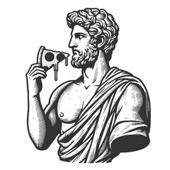 classical Roman Greek statue eating a slice of pizza, ancient art modern food culture sketch engraving generative ai raster illustration. Scratch board imitation. Black and white image.