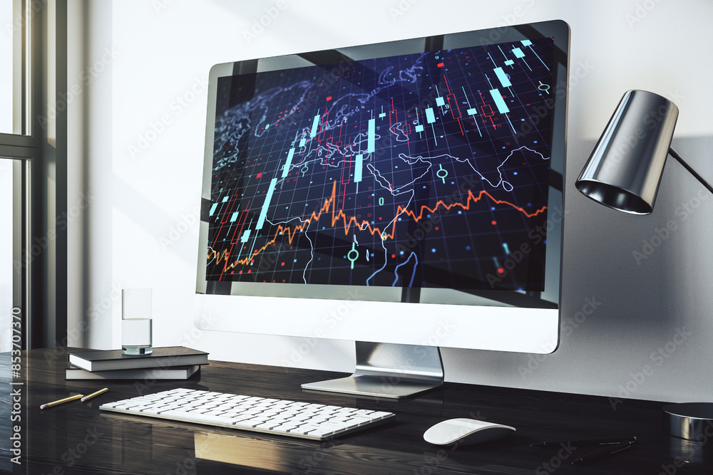 Poster Abstract creative financial diagram with world map on modern computer monitor, banking and accounting concept. 3D Rendering