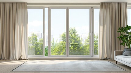 Fototapeta premium Modern minimalist style living room window curtain mockup in white and gray color scheme. Beige fabric curtains with flat aluminum profile for high windows.