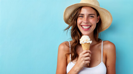 femme souriante heureuse en train de déguster un cornet de glace en été