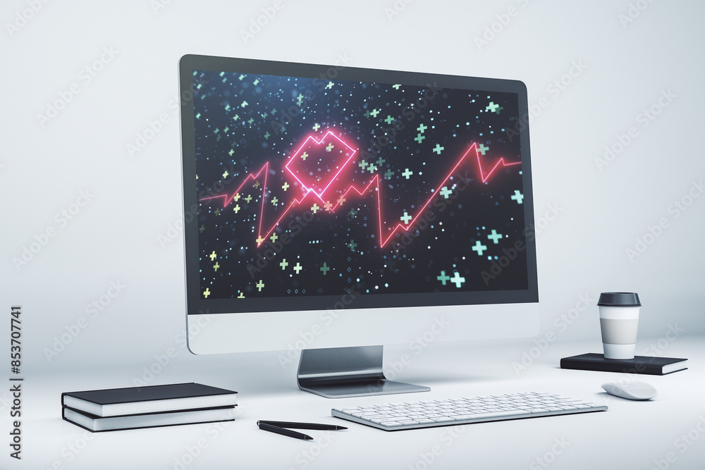 Poster creative abstract heart rate sketch on modern laptop monitor, medicine and healthcare concept. 3d re