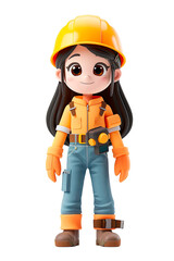 Fototapeta premium 3D cartoon of a girl dressed with a worker uniform isolated on a cut out png transparent background