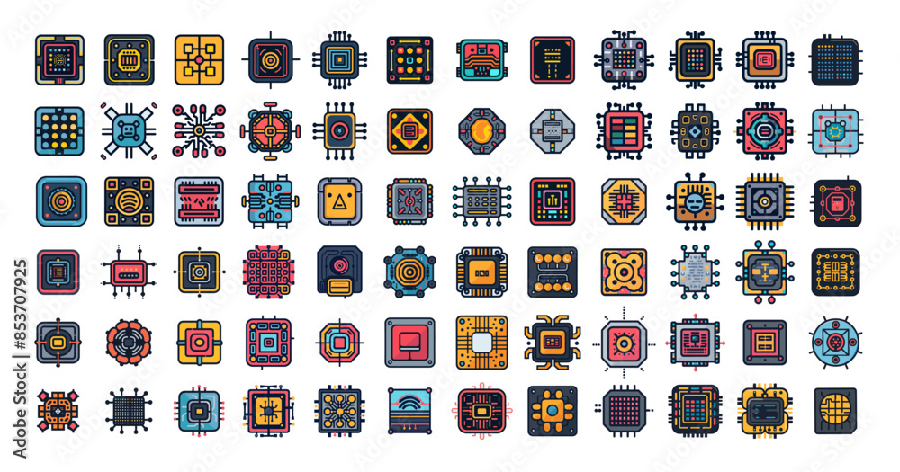 Poster microchips colored icons vector set. microprocessor pc components ai computing semiconductor microci