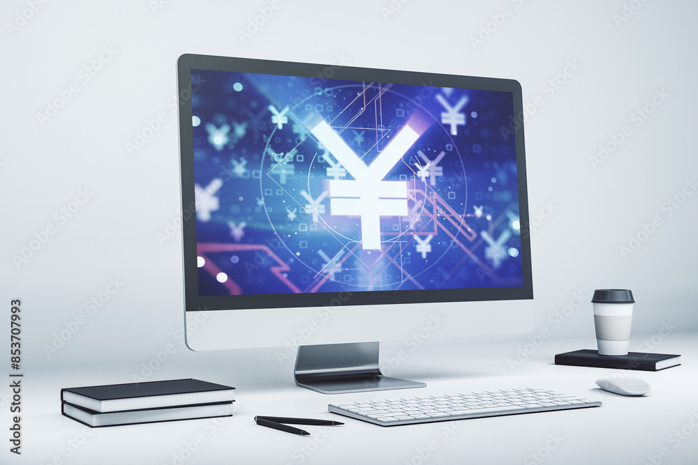 Poster modern computer monitor with creative japanese yen symbol hologram. banking and investing concept. 3