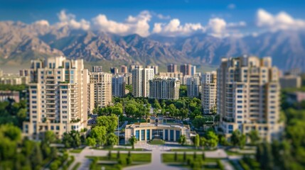 Fototapeta premium Wide shot of a cityscape with residential buildings, clear blue sky with clouds and mountains in the background with natural lighting.