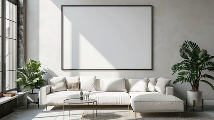 mockup of a framed poster in a stylish, modern living room setting