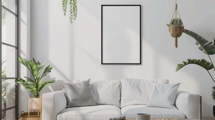 mockup of a framed poster in a stylish, modern living room setting