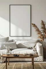mockup of a framed poster in a stylish, modern living room setting