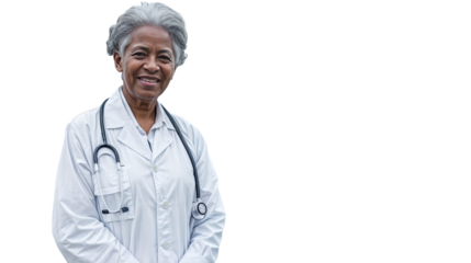 Senior female doctor in white coat with stethoscope, isolated on white background, smiling, arms crossed. Premium PNG format, transparent background. Ideal for healthcare, medical ads, and educational