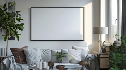 mockup of a framed poster in a stylish, modern living room setting