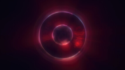 Abstract red bright glowing background with a sphere core atom energy burning ball circle made of waves of energy rays and plasma with light