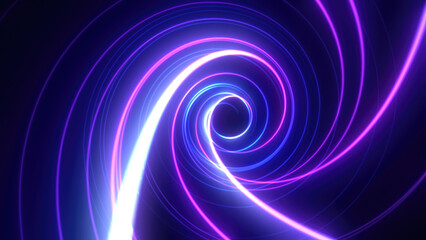Abstract bright purple background tunnel with flying lines of energy particles and light rays