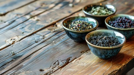 White bowls with dried herbs on a wooden table, with a wooden spoon and a rustic kitchen background. In the foreground, a bowl is filled with dried green tea leaves.